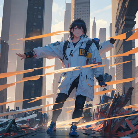 a man sliding down a skyscraper with a katana, sparks flying from the katana, sky background, giant skyscraper, sliding with katana, action scene, (best quality,4k,8k,highres,masterpiece:1.2),ultra-detailed,(realistic,photorealistic,photo-realistic:1.37),c...