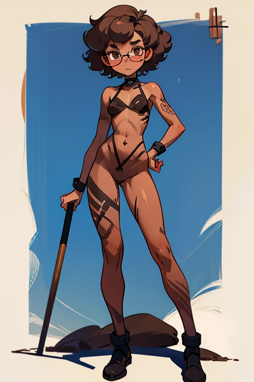 Really embarrassed tomboy girl, with short gray curly  hair, brown skin and  glasses, in brown body paint  , full body, sexy pole poses
