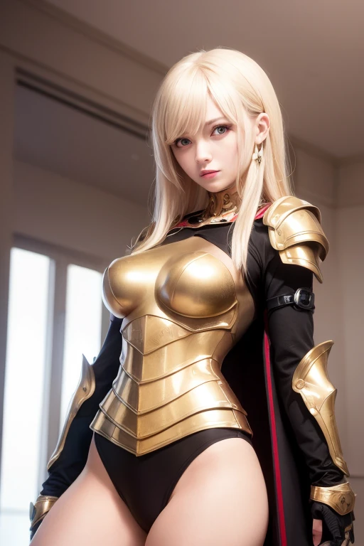 ((best qualityer)), ((work of art)), (detailded), high qualiy, best qualityer, blonde, golden full armor, shorth hair, female magician, blonde, shorth hair, Eyes red, slim, flegs, beautiful strong woman