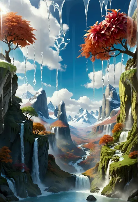 A fantasy valley with magical mountains and waterfalls inside a glass apple, white empty background