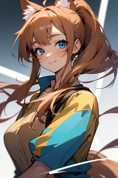 Visualise an anime-styled character portrait: a teenage girl with playful blue eyes and light brown hair styled in a ponytail. She has a fringe on the left side of her face with two strands trailing down each cheek and framing her face. She is smiling. She...