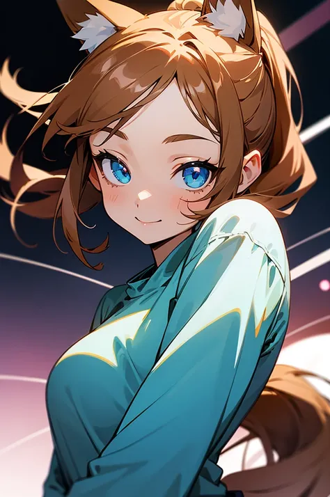 Visualise an anime-styled character portrait: a teenage girl with playful blue eyes and light brown hair styled in a ponytail. She has a fringe on the left side of her face with two strands trailing down each cheek and framing her face. She is smiling. She...