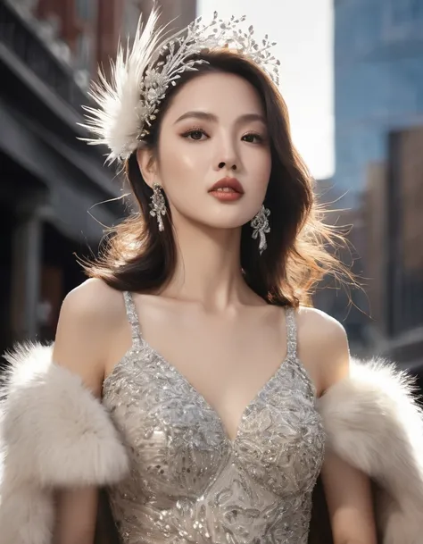 A beautiful girl wears a glamorous evening gown with sequin embellishments, paired with opera-length gloves and a fur stole. Ambient: The opera house is decorated with classic winter accents. The orchestra plays beautiful melodies as attendees enjoy an eve...