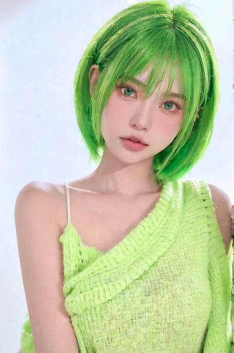 nokiapretty, 1gril, sweather, white background ,greenhair