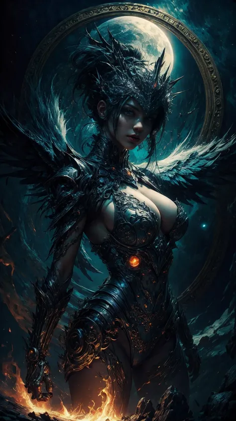 (best quality,4k,high-res,masterpiece:1.2),ultra-detailed,realistic:1.37,cosmic fallen angel,busty,glowing light eyes,biomechanical,eerie,creepy,brightly-colored,light particles,light glowing,mystical,medieval clothes,erotic