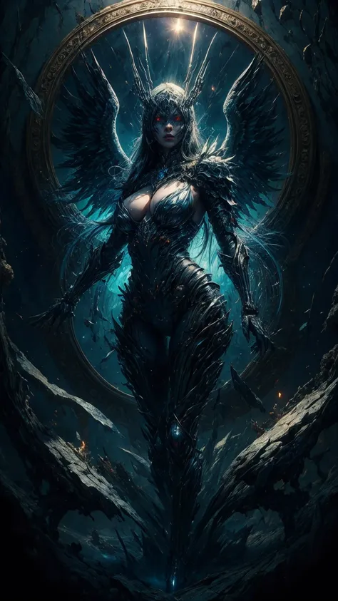 (best quality,4k,high-res,masterpiece:1.2),ultra-detailed,realistic:1.37,cosmic fallen angel,busty,glowing light eyes,biomechanical,eerie,creepy,brightly-colored,light particles,light glowing,mystical,medieval clothes,erotic