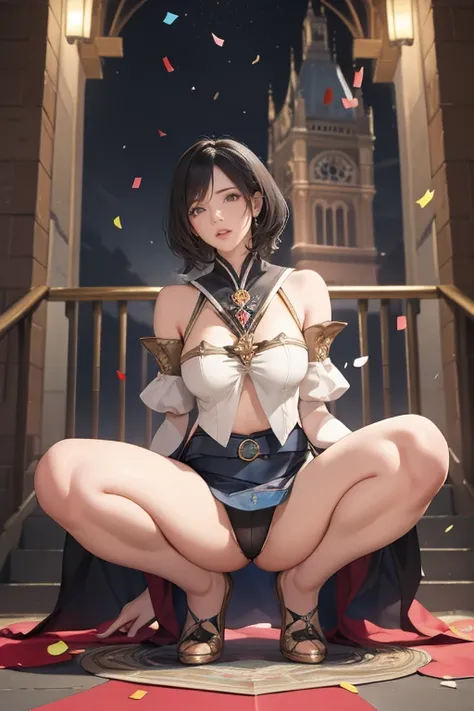 Highest quality, Official Art, masterpiece, Fabric Shading, High resolution, Very detailed, colorful, Best details, Fantasy, suit, Song Jua:1.5, 1 female, Age 25, Standing on the stairs,Pub with castle view, Many Stars々Shining night,short hair, Bobcut, Bla...