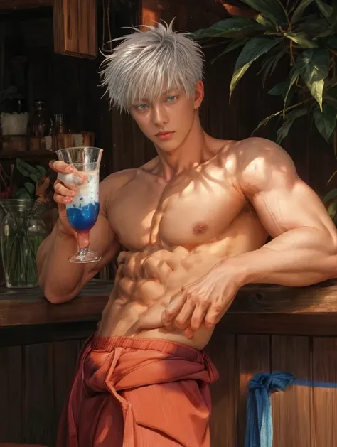 1boy, adult, handsome, perfect face, detailed eyes and face, clean shaved, muscular, capturing a rural atmosphere, dynamic lighting, unreal engine 5, hd picture, satoru gojo, white hair, short hair ,hair between eyes ,blue eyes, white skin, pink nipple, mi...