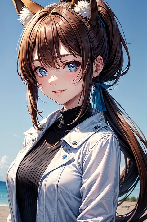 Visualise an anime-styled character portrait: a teenage girl with playful blue eyes and light brown hair styled in a ponytail. She has a fringe on the left side of her face with two strands trailing down each cheek and framing her face. She is smiling. She...