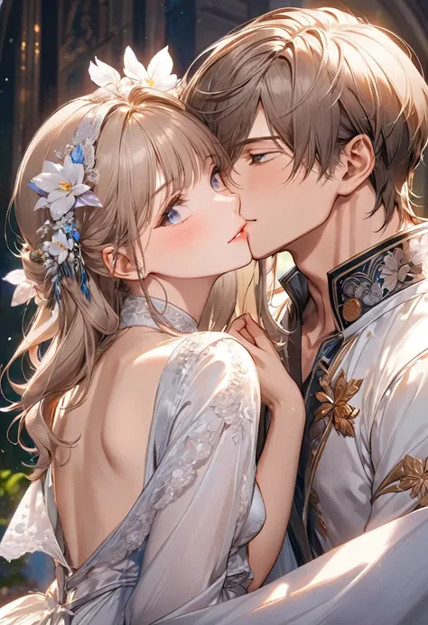 (A friendly couple), (boy Kiss on the her cheek), perfect anatomy, masterpiece, best quality, 16k, beautiful detailed love, daydreaming expression.