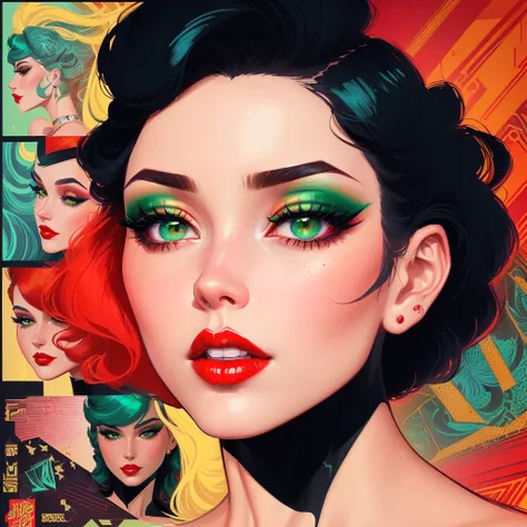 a close up of a woman with a red lipstick and green eyes, in style of digital illustration, beauty woman with detailed faces, jen bartel, beautiful comic art, digital illustration -, stunning art style, comic digital art, comic book art style, stunning dig...