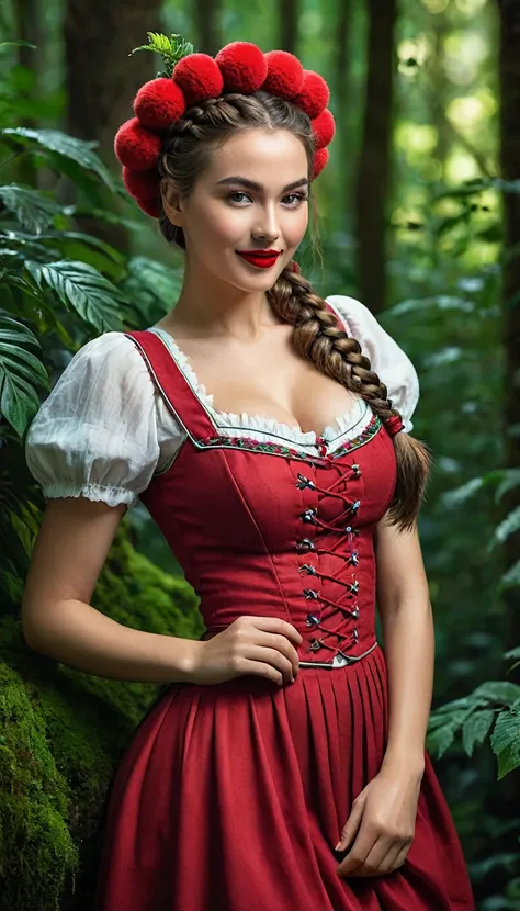 A captivating young woman in a vibrant, cupless dirndl dress that hugs her waist, revealing her bare, natural, and gently sagging breasts. Her attire is complemented by a meticulously crafted French braid that cascades down her back, while her face is ador...