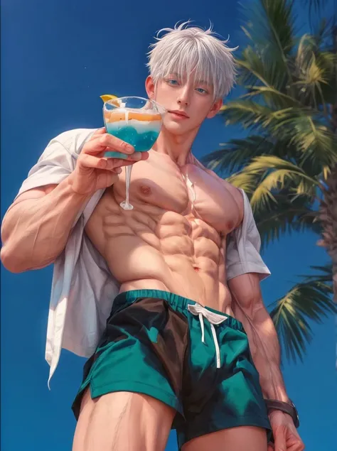 1boy, adult, handsome, perfect face, detailed eyes and face, clean shaved, muscular, capturing a rural atmosphere, dynamic lighting, unreal engine 5, hd picture, satoru gojo, white hair, short hair ,hair between eyes ,blue eyes, white skin, pink nipple, mi...