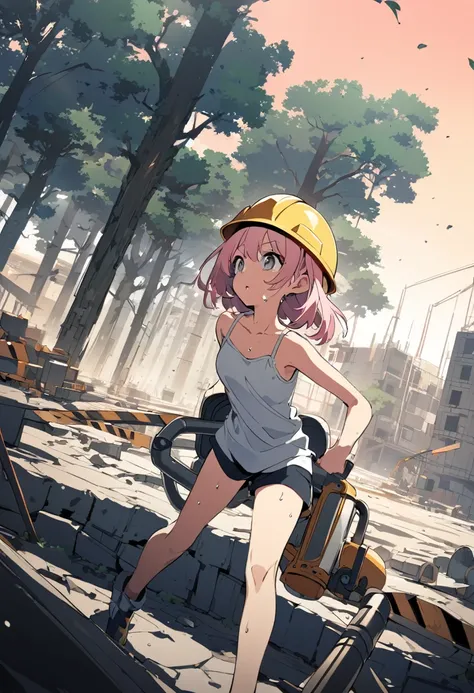 Anime-style, grey eyes, short, camisole, full body
Pink hair, wearing a construction helmet, drenched in sweat under the blazing sun, cicadas on the trees, grey eyes, viewed from a distance, Using a rammer at a construction site, wide-angle shot.