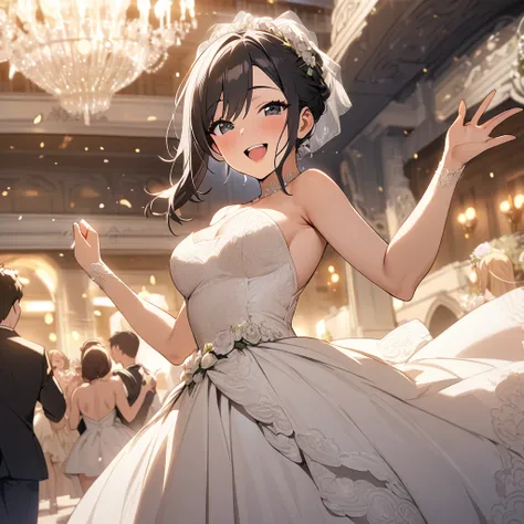 Top quality, masterpiece, high resolution, woman, black-haired beauty, black eyes, wedding dress, celebrating venue, smiling happily