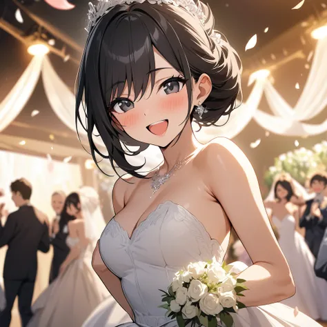 Top quality, masterpiece, high resolution, woman, black-haired beauty, black eyes, wedding dress, celebrating venue, smiling happily