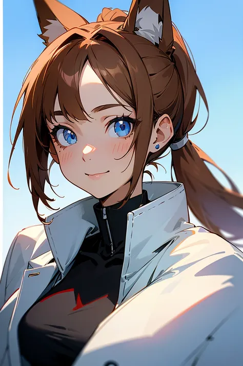 Visualise an anime-styled character portrait: a teenage girl with playful blue eyes and light brown hair styled in a ponytail. She has a fringe on the left side of her face with two strands trailing down each cheek and framing her face. She is smiling. She...