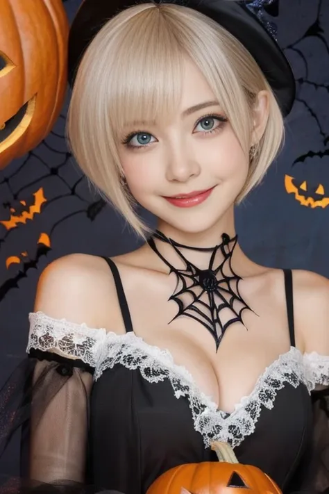 (a 26 year old girl, detailed cutie face, beautiful detailed eyes, detailed dropped eyes, beautiful charming smile, extremely detailed face,short hair:1.75), (anime style, halloween party:2.0), colorful lights, pumpkin decorations, haunted house, best qual...