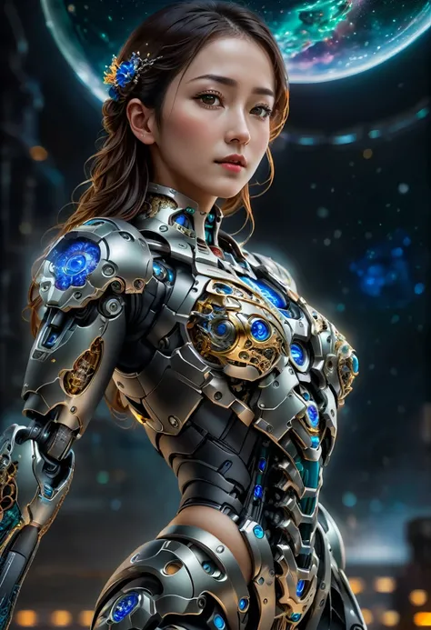 A beautiful woman, halo, intricate cyberpunk robot, highly detailed, soft bokeh, deep space nebula background, art by mooncryptowow and popular science, award winning photograph, photorealistic, 8k, cinematic lighting, dramatic colors, intricate details, f...