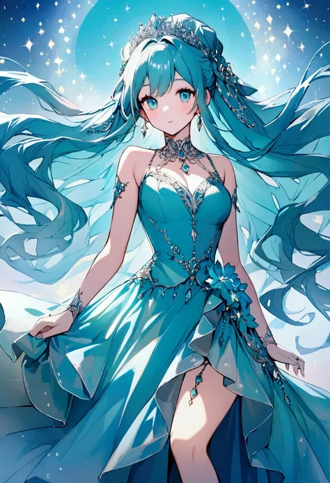 A beautiful princess wearing a beautiful turquoise dress inspired by the gemstone turquoise　Gorgeous sparkling turquoise background　Let it sparkle dazzlingly