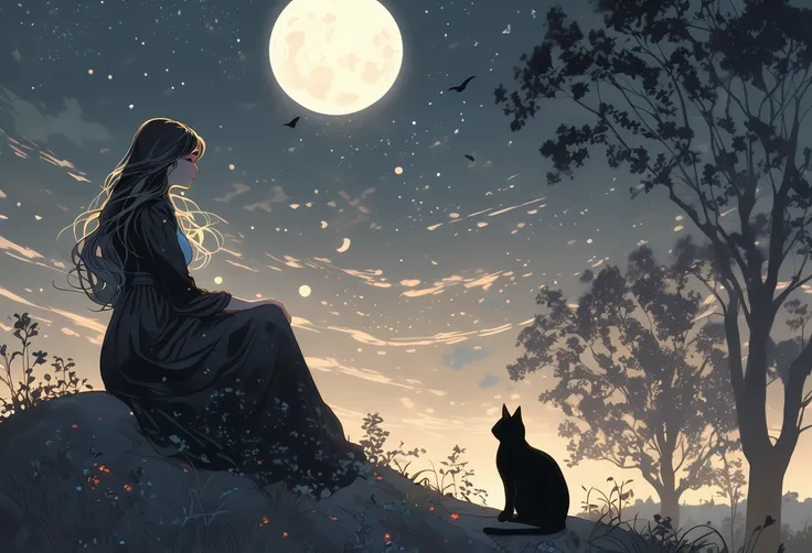 A woman stargazer lying on a moonlit hill, contemplating the vastness of the universe. A black cat is sitting beside her. Eerie, unsettling, dark, spooky, suspenseful, grim, highly detailed 