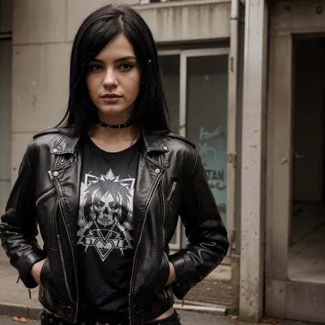  Punk Style,, metal-T-shirt, black leather jacket ￼High resolution, black hair, multiple views, Illustration, 