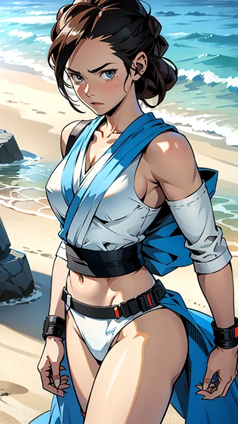 アニメ cel-shading (Rey Skywalker), white bikini, blue lightsaber, on the beach in ((anime + manga + comics + cartoon) style) 