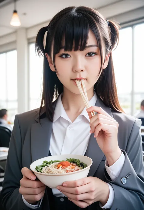 8k, raw photo, best quality, masterpiece, realistic, photo realistic, clear, professional lighting, beautiful face, best quality,ultra high res, realistic japanese beautiful, Super detailed, 1girl, diagonal bangs, two side up, indoor, eating pasta