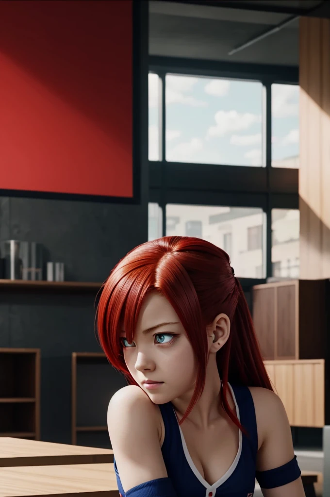 Screenshot of my hero academia. Red-haired girl with red eyes in front of tables