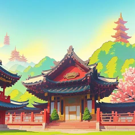 illustration：Traditional Chinese architecture，Pagoda in the background, Temple Background, Palace Background, Traditional Korean city, Korean traditional palace, Depicting the background of the temple, Dojo on the mountain, background technology, High Scho...