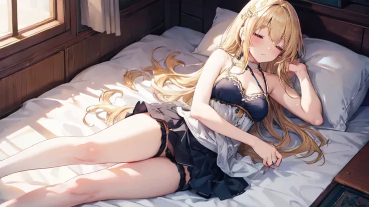 super high quality, Super detailed, Ultra-clear, Tavern, one person, long blonde hair, sleep, Swimsuit, Clothes with intricate details, mini skirt, Stockings