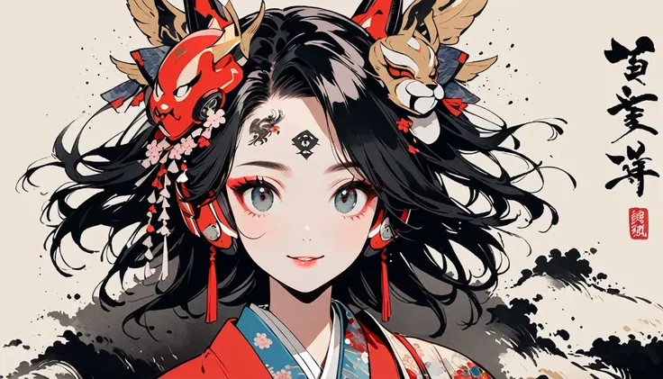 (((Ink Painting))), Fashion portrait color photos, (((1 female))), (((Tattoo in the center of the forehead))), (((Very flashy hair accessories))), (((Very flashy makeup))), Japanese style headphones, devil, front view, Japan人の美少女, Black Hair, Delicate and ...