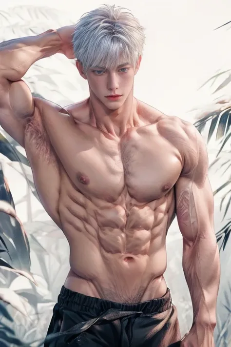 1boy, adult, handsome, perfect face, detailed eyes and face, clean shaved, muscular, capturing a rural atmosphere, dynamic lighting, unreal engine 5, hd picture, satoru gojo, white hair, short hair ,hair between eyes ,blue eyes, white skin, pink nipple, mi...