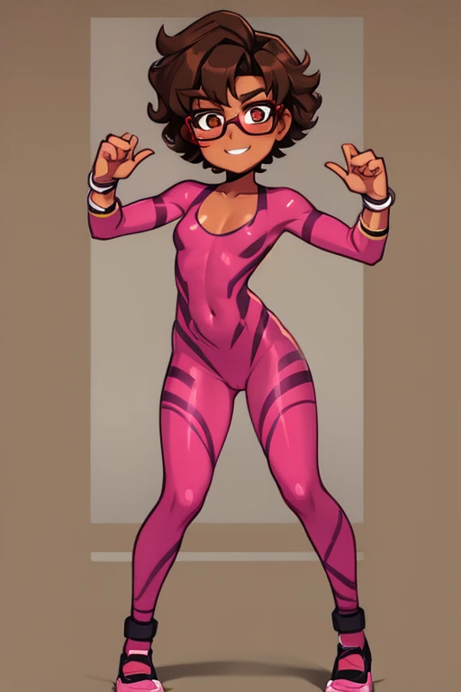 Really embarrassed tomboy girl, with short gray curly  hair, brown skin and  glasses, in  pink  body paint  , full body,  dynamic poses