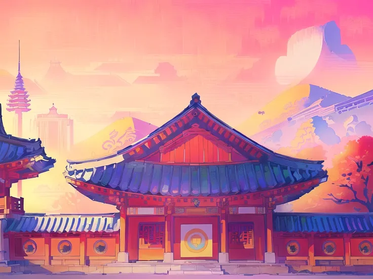 There is a painting，There is a building in the painting，A pagoda in the background, Palace Background, Temple Background, Depicting the background of the temple, Anime Background, Traditional Korean city, anime background technology, Korean traditional pal...