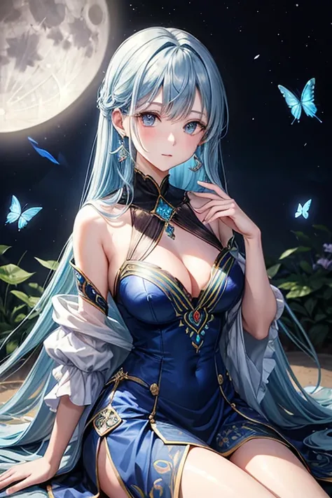 One woman,Western Dresses_blue,hair_semi-long,巻きhair,hair_blue,eye_light blue,Lady,full moon,A lot of butterflies are fluttering_green,diamond shaped earrings_light blue,Sitting,