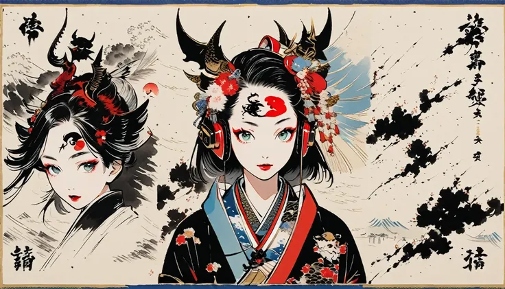 (((Ink Painting))), Fashion portrait color photos, (((electric bassを持つ))), (((Tattoo in the center of the forehead))), (((Very flashy hair accessories))), (((Very flashy makeup))), Japanese style headphones, devil, front view, Japan人の美少女, Black Hair, Delic...