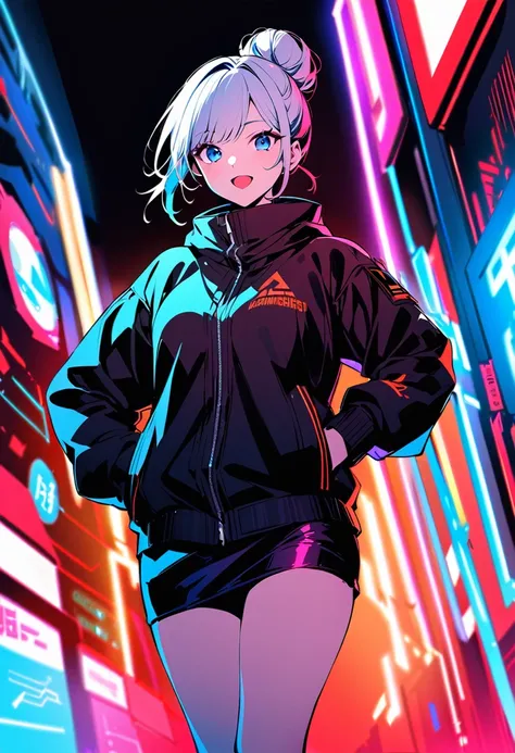 (1 Girl),
(Women&#39;s Focus),

(masterpiece, best quality, high resolution:1.2),(illustration:1.1),(Cyberpunk:1.2),

(Hair Bun:1.2), Light blue hair,blue eyes,(black Cyberpunk jacket:1.5),(Puff sleeves:1.2), (Black Turtleneck Sweater:1.2), (Black skirt), ...