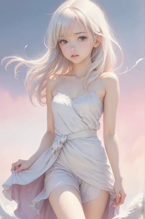 Dreamy pastel painting,　whole body，((One girl))，Realistic，lips，Tabletop，Highest quality，Realistic feel，(((Smooth straight hair　Bangs longer than the waist, beautiful, Flowing white hair:1.2)))，beautiful目，(((Gazing into the distance)))，Skin Texture，break，De...