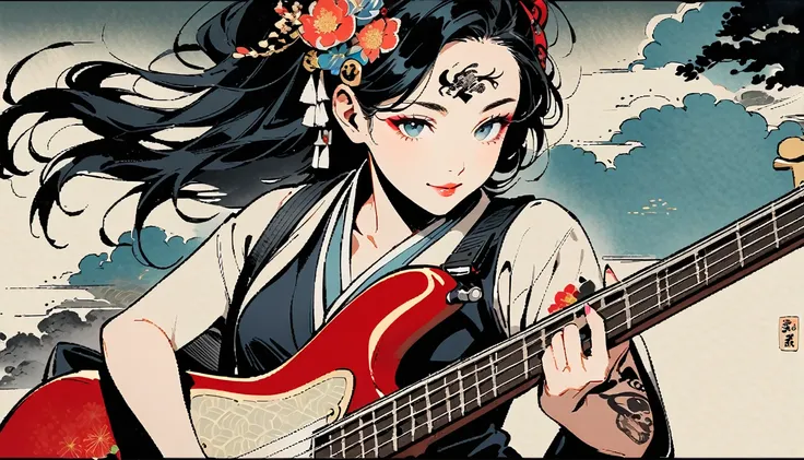 (((Ink Painting))), Fashion portrait color photos, (((1 girl))), (((Playing electric bass))), (((Tattoo in the center of the forehead))), (((Very flashy hair accessories))), (((Very flashy makeup))), Japanese style headphones, front view, Japan人の美少女, Black...