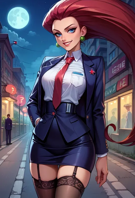 score_9,score_8_up,score_7_up,score_6_up, source_anime, 1girl, solo, EPpkJessie, long hair, blue eyes, red hair, hair slicked back, medium breasts, smile, skirt suit, (((three-piece suit))), (((dress shirt))), (((necktie))), (((blazer))), (((suit jacket)))...