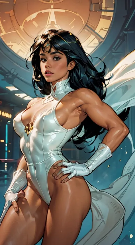 mayara rodrigues as a beautiful woman wearing a white scifi bodysuit artstyle by adam hughes, masterpiece, perfect pose, high qu...