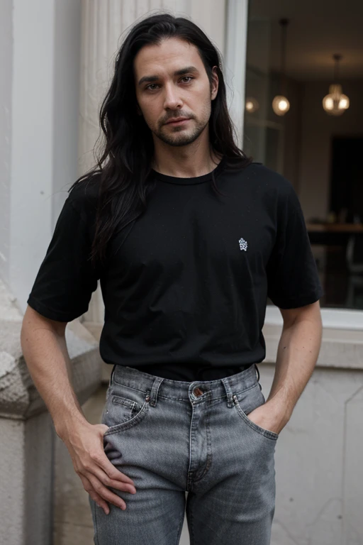 Handsome muscular slender White man,  goth long black hair, black shirt and black jeans, elegant, unshaved stubble, 38 years old, deep eyes