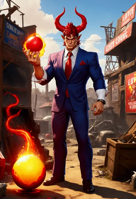 (Street Fighter 2 style arcade game) Devil lawyer (red horns and tail, lawyer suit, lean build) holding a ball of fire in hand battling a zombie lightning mage, set in a junk yard, health bars and titles