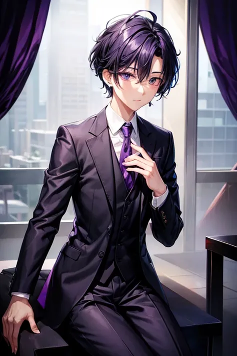 One man,suit_black,Dress shirt_淡いpurple色,tie_purple,hair_short,blackhair,eye_purple,diamond shaped earrings_purple