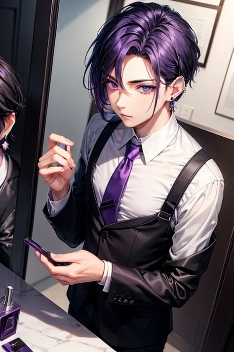 1 adult male,suit_black,Dress shirt_lavender,tie_purple,hair_short,blackhair,eye_purple,diamond shaped earrings_purple,Wearing piercings,cosmetics,mirror