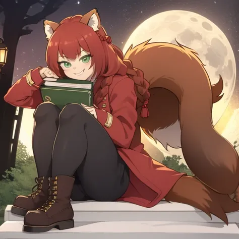 Solo, Score_9, score_8_up, score_7_up, kemono style, Kimiko, An Anthro furry red panda girl, red furry body, red panda tail, , black nose, red hair, braided hair, wearing over coat, long coat to shoes, knit sweater with breast window, rolled up sleeves, vi...