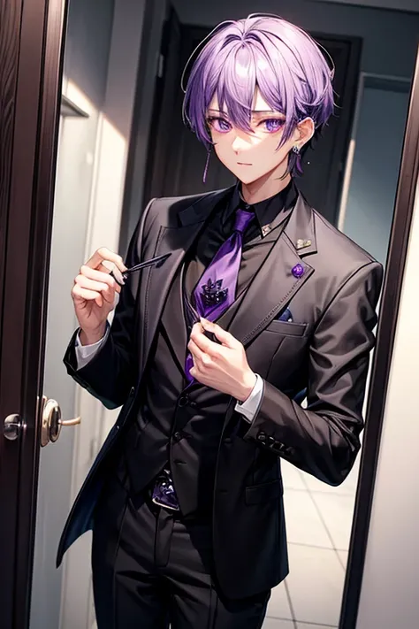 1 adult male,suit_black,Dress shirt_white,tie_purple,black髪_short,black髪,eye_purple,diamond shaped earrings_purple,Wearing piercings,cosmetics,mirror