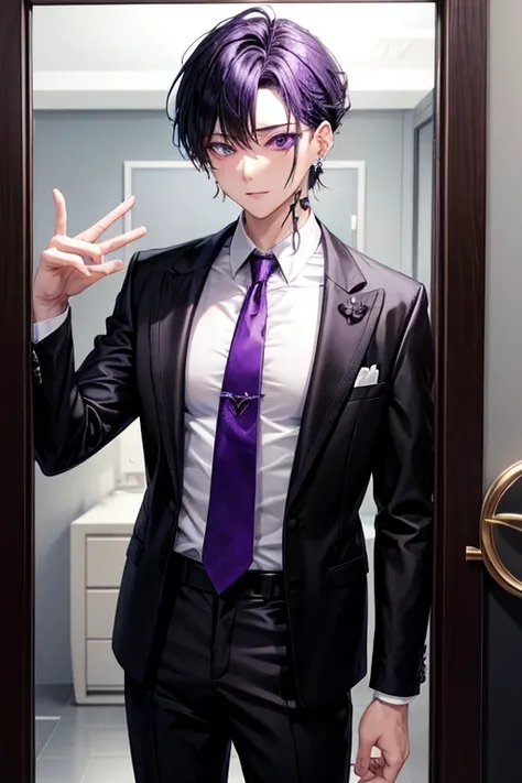 1 adult male,suit_black,White shirt,tie_purple,black髪_short,black髪,eye_purple,diamond shaped earrings_purple,Wearing piercings,cosmetics,mirror