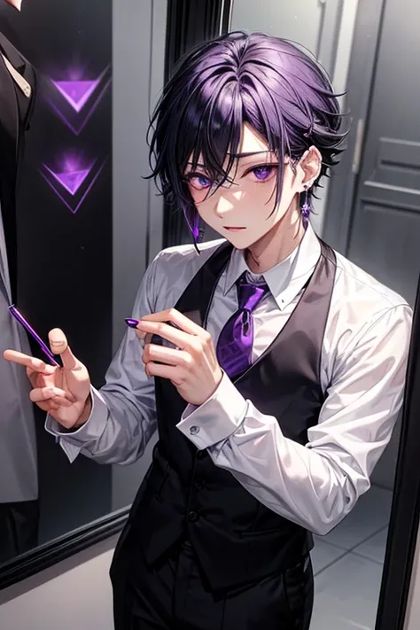 1 adult male,suit_black,White dress shirt,tie_purple,black髪_short,black髪,eye_purple,diamond shaped earrings_purple,Wearing piercings,cosmetics,mirror